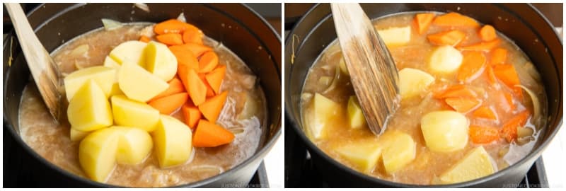 Add the carrots and Yukon gold potatoes (if you‘re using russet potatoes, add them later in the last 15–20 minutes of cooking). The broth should barely cover the ingredients. Don‘t worry; we don‘t want too much liquid here, and additional liquid will be released from the meat and vegetables.