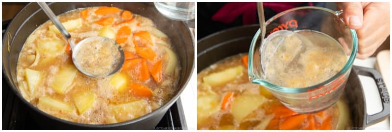 Once boiling, use a fine-mesh strainer to skim the scum and foam from the surface of the broth.
