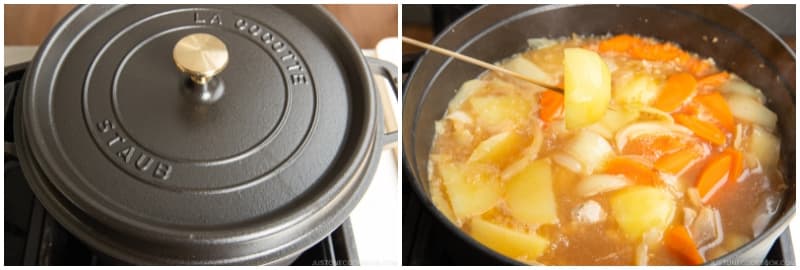 Continue to cook covered until a wooden skewer goes through the carrots and potatoes.