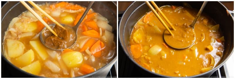 Turn off the heat. From 1 package Japanese curry roux, put 1–2 cubes in a ladleful of cooking liquid. Slowly let it dissolve with a spoon or chopsticks and stir into the pot to incorporate. Repeat with the rest of the blocks, 2 cubes at a time. Tip: I use 1 full-sized box of store-bought curry roux, which is typically for 8–12 servings (be careful, as some brands offer a smaller box, which is 4 servings).