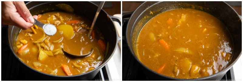 If you use my unsalted homemade curry roux, taste the curry now and add salt to your liking. Tip: I recommend adding 2–4 tsp Diamond Crystal kosher salt, but this will vary based on the brand of the chicken broth and condiments you added.