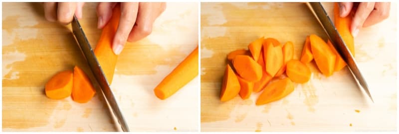 Peel 2 carrots and cut them into rolling wedges (it‘s called rangiri in Japanese). This type of cut creates more surface area, which helps the carrots absorb more flavor and cook faster.
