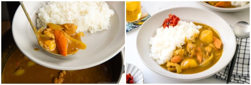 Serve the curry with steamed Japanese short-grain rice on the side. If you like, garnish with fukujinzuke (Japanese red pickled vegetables).