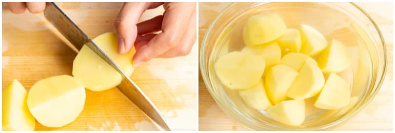 Peel 3 Yukon gold potatoes and cut them into quarters. Soak them in water for 15 minutes to remove excess starch. Tip: Yukon gold potatoes hold their shape well. You can use russet potatoes, but they tend to disintegrate into the broth during cooking, so cut them into 6 pieces each and add to the pot toward the end of cooking.