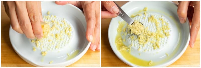 Grate the ginger (I use a ceramic grater) and measure 1 tsp ginger with the juice. Set aside. Mince 2 cloves garlic and set aside (I use a garlic press later when adding to the pot).