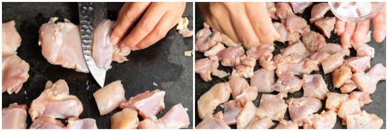 Cut off the extra fat from 1½ lb boneless, skinless chicken thighs and discard it. Then, cut the chicken into bite-sized pieces. I recommend cutting it diagonally (it‘s called sogigiri in Japanese) to create more surface area and flatten each piece so it cooks faster. Season with freshly ground black pepper. Tip: If you will use homemade curry roux, you can lightly season the chicken with kosher salt as well.