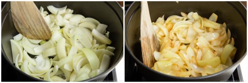 Sauté the onions, stirring occasionally, until they become translucent and tender, about 5 minutes. Don‘t stir them too often because they won’t develop a golden color. Cooked onions add amazing flavor, so don't skip this step. If you have extra time, definitely sauté the onions an additional 5 minutes to add more color and flavor.