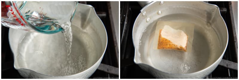 First, make 2½ cups dashi (Japanese soup stock) of your choice. (To make a quick broth with mentsuyu noodle soup base, see the instructions at the end of the recipe.) Here, I‘ll show you how to make a quick dashi using a dashi packet (you can find it on Amazon). In a medium saucepan, add 2½ cups or 600 ml water and 1 dashi packet. Bring it to a boil over medium heat.