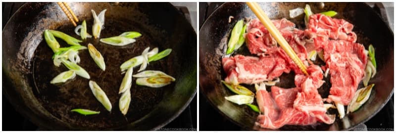 Sauté the negi until golden brown and tender. Then, add the thinly sliced beef and cook until it‘s no longer pink.