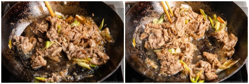 Stir-fry the meat until it is well coated with the seasoning. Remove from the heat.