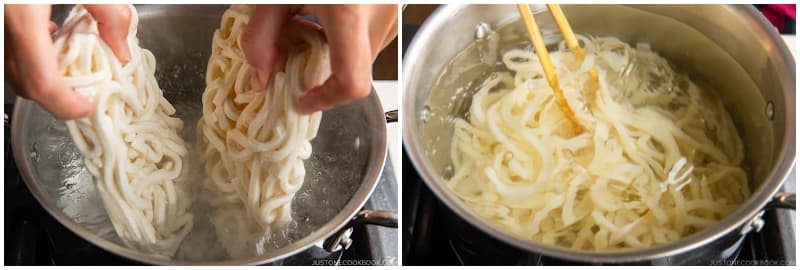 Cook 2 servings udon noodles in boiling water according to the package instructions. For frozen udon noodles, boil from frozen for 1 minute to reheat.
