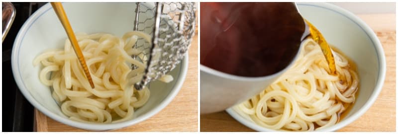 Divide the drained udon noodles into individual serving bowls and pour the hot broth to cover.