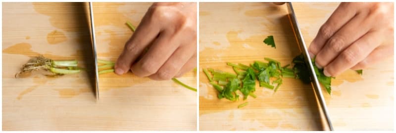 Thinly slice the leaves and tender stems of 4 sprigs mitsuba (Japanese parsley)(optional).