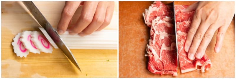 Diagonally cut 4 slices narutomaki (fish cakes) (optional). Then, cut 6–8 oz thinly sliced beef (such as ribeye) in half to about 1½–2 inches (3.8–5 cm) wide.