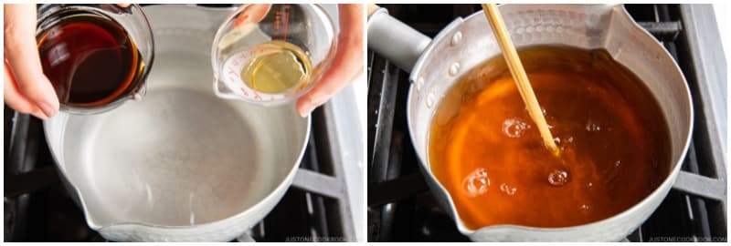 In a medium saucepan, combine ⅓ cup mentsuyu (concentrated noodle soup base), 2⅓ cups water, and 1 Tbsp mirin and mix well. Bring the mixture to a gentle simmer over medium heat. Cover with a lid and turn off the heat. The udon broth is now ready to use.