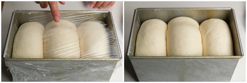 Round-topped: 85–90% of the loaf pan’s height, or until it touches the plastic wrap.