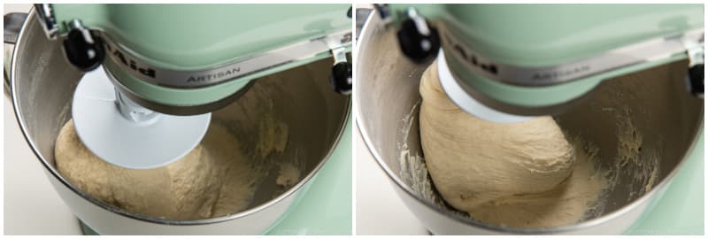 Increase to SPEED 6 and knead for 3 minutes, or until the dough clears the sides of the bowl. Don't leave your mixer! The machine will shake and may “walk” across the counter. Keep both hands on the mixer at all times to hold it steady.At this stage, the dough should look noticeably smoother and show clear signs of gluten development, though it won’t be fully elastic yet.