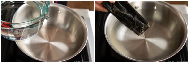 Add 4 cups water and 1 piece kombu (dried kelp) to a medium saucepan. If you have time, soak the kombu in water for 30 minutes. NEVER wash kombu and do not remove the white substance—that’s umami! These days, it‘s pretty clean, so just make sure there are no dirt particles.