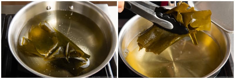 SLOWLY bring it to a boil (about 10 minutes) on medium-low heat so you can extract as much umami from the kombu as possible. Right before the stock boils, remove the kombu and set it aside for another use. (If you leave the kombu, it gets slimy and yields a bitter taste.) Now, what you have is Kombu Dashi. If you’re vegetarian/vegan, use this kombu dashi for your miso soup.