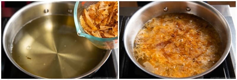 If you‘re not vegetarian/vegan, add 1 cup katsuobushi (dried bonito flakes) to the kombu dashi and bring it back to a boil again. Once the dashi is boiling, reduce the heat, simmer for just 30 seconds.
