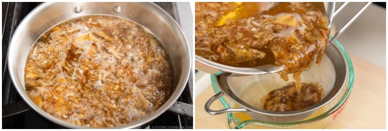 Turn off the heat and let the katsuobushi sink to the bottom, about 10 minutes. Then, strain through a fine-mesh sieve.