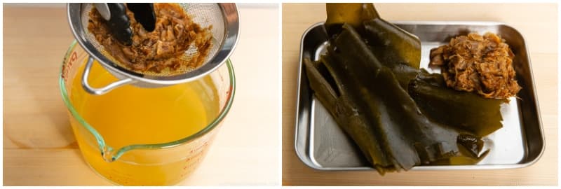 Now you have roughly 4 cups of Awase Dashi. You can store the dashi in the refrigerator for up to 3–5 days and in the freezer for up to 2 weeks. Reserve the spent katsuobushi and repurpose it; see the suggested recipes that follow at the end of the instructions.