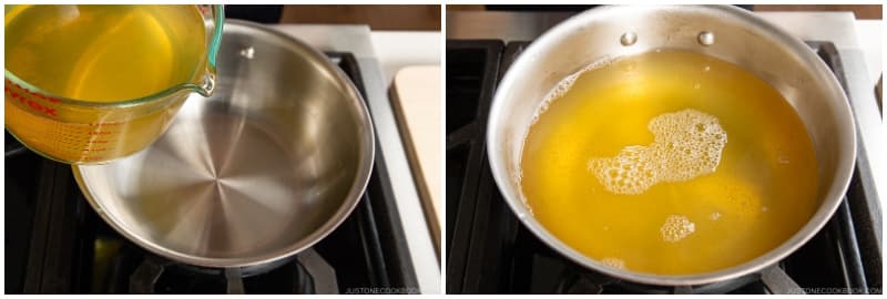 Add the dashi to the saucepan. If you are using dashi from the refrigerator, bring it to a slow boil (205°F/96°C) over medium heat and turn off the heat.