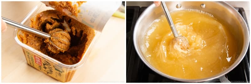 Add 4 Tbsp miso. Put the miso in a ladle, slowly add the dashi into the ladle, and stir with chopsticks to dissolve completely. Here, I‘m using a miso muddler. If you accidentally add too much miso, dilute the miso soup with dashi (or water).