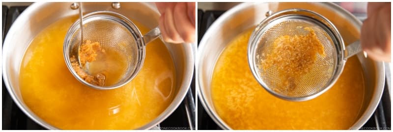 Here, I‘m using a fine-mesh miso strainer, which helps you dissolve the miso faster. After dissolving the miso in the strainer, you may see rice koji (especially when it‘s koji miso). It‘s up to you if you want to include it in the miso soup or discard it (personal preference).