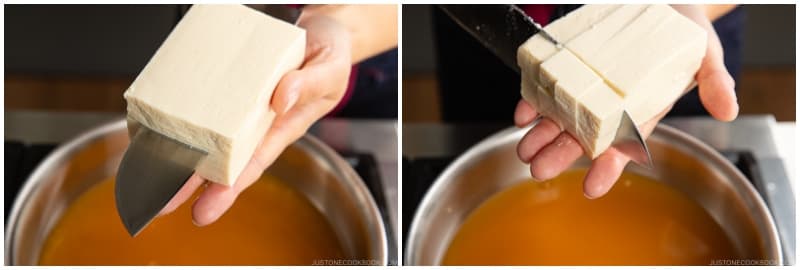 Cut 7 oz soft/silken tofu (kinugoshi dofu) into ½-inch (1.3 cm) cubes and add to the miso soup. Tip: Add the tofu after the miso is completely dissolved; otherwise, you might break the tofu when stirring in the miso. Note: It is very common to cut tofu on your palm in Japan. However, I recommend using a cutting board if you have never done this.