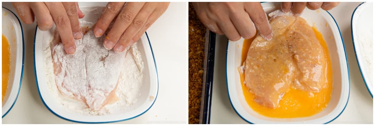 First, dredge a chicken cutlet in the flour and shake off any excess. Next, dip the floured chicken into the egg mixture and coat well on both sides.