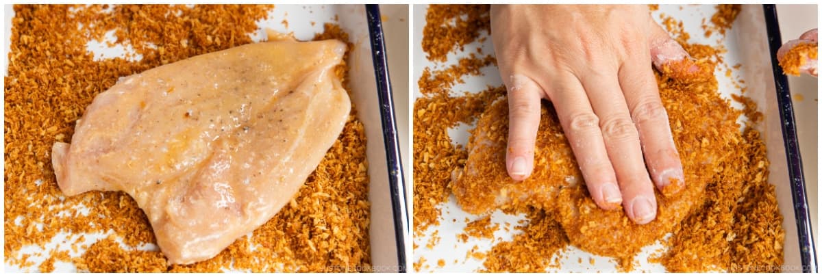 Finally, coat the chicken with the toasted panko, pressing firmly to ensure that it adheres well. Set aside. Bread the remaining cutlets.