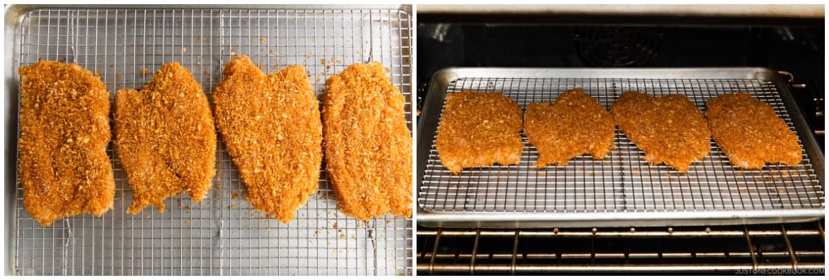 Put the breaded chicken cutlets on a wire rack placed on a rimmed baking sheet. Bake at 400ºF (200ºC) for about 25–30 minutes.