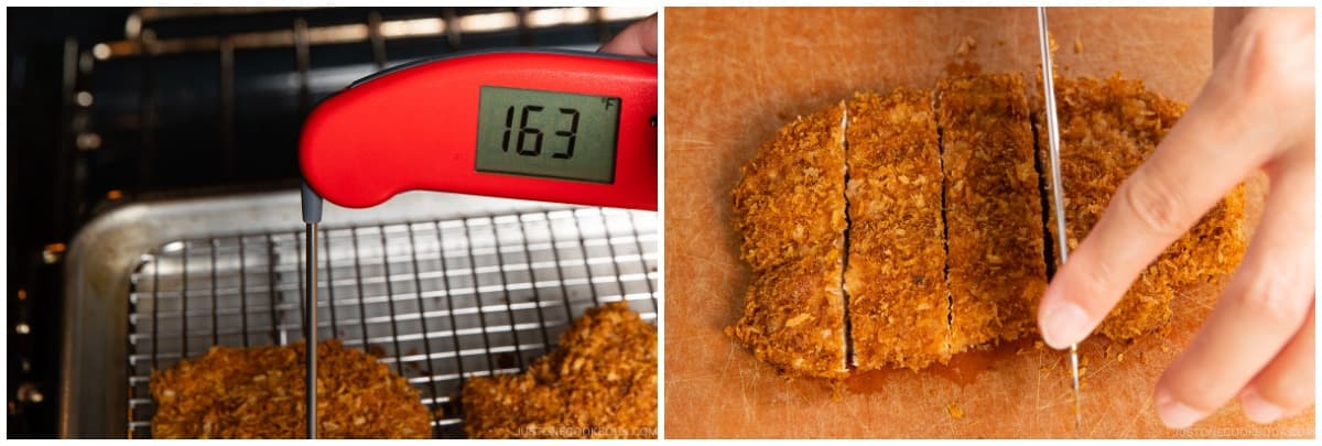 When the internal temperature of the chicken reaches 165ºF (74ºC), it‘s done. Remove from the oven and cut into ¾-inch (2-cm) slices.