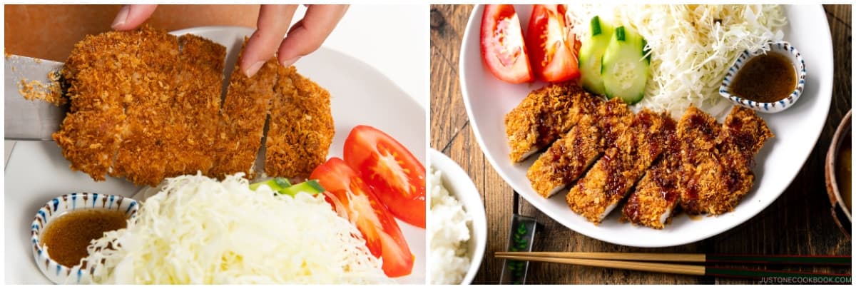 Serve with a shredded cabbage salad (I like to use a handy cabbage slicer; you can find it on Amazon and JOC Goods), tomato wedges, and cucumber slices with a side of my Wafu Dressing or Japanese Sesame Dressing. Drizzle tonkatsu sauce over the Chicken Katsu to enjoy!
