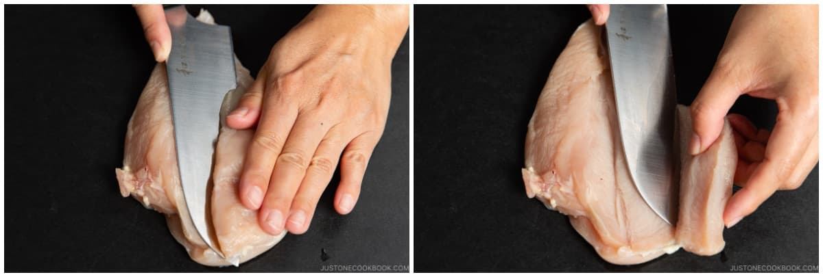 Then, turn the knife parallel to the cutting board and slice the chicken breast from the center toward the left side (or the right side, if you‘re left-handed) to make it evenly thin. Stop before you cut all the way through the edge; then, open it like a book. Imagine we‘re creating a French door here.