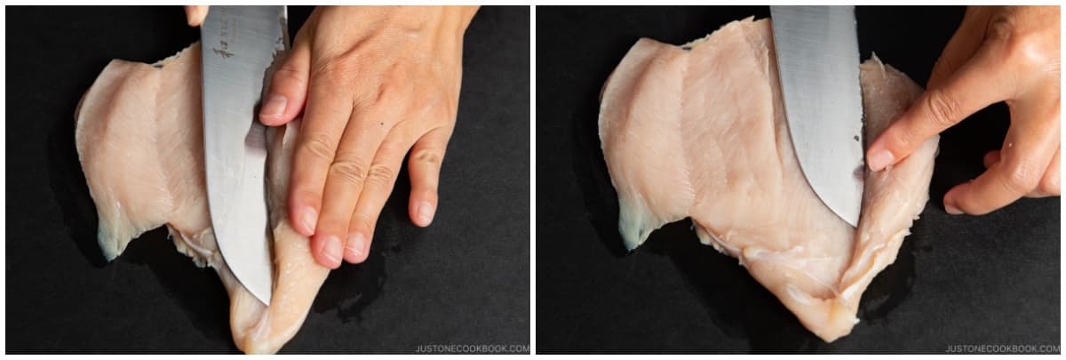 Rotate the breast 180 degrees and butterfly the second side in the same manner from the center toward the left (if you hold the knife in your right hand), creating another “door.“