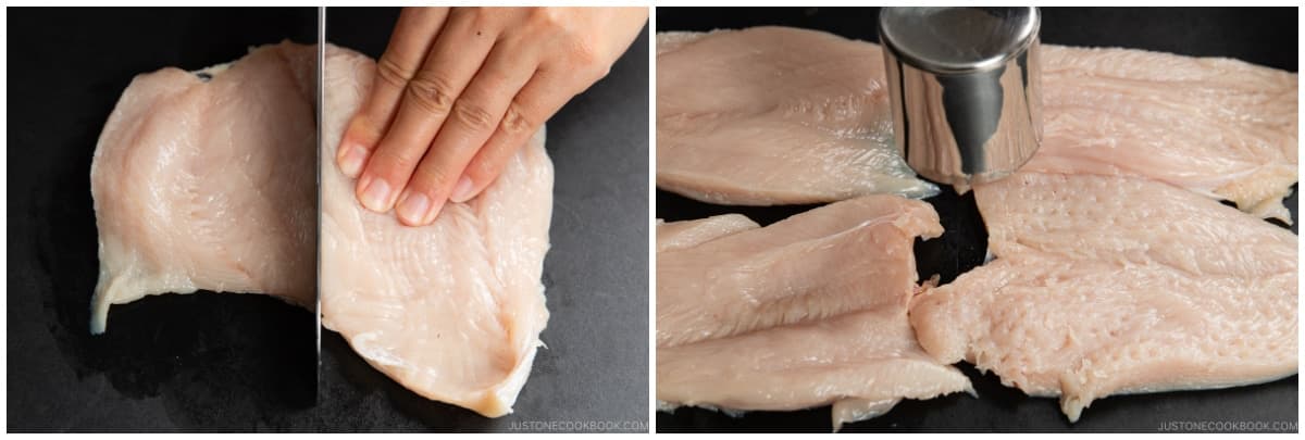 Cut the butterflied breast in half down the center. Now, you have two pieces. Butterfly the remaining chicken breast in the same manner. Next, using a meat mallet or rolling pin, pound the chicken cutlets to an even thickness, about ¼–½ inch (6 mm–1.3 cm).
