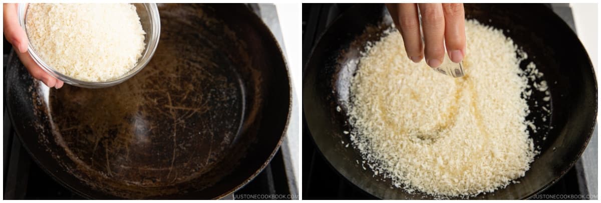 Combine 1¼ cups panko (Japanese breadcrumbs) and 1 Tbsp neutral oil in a frying pan.