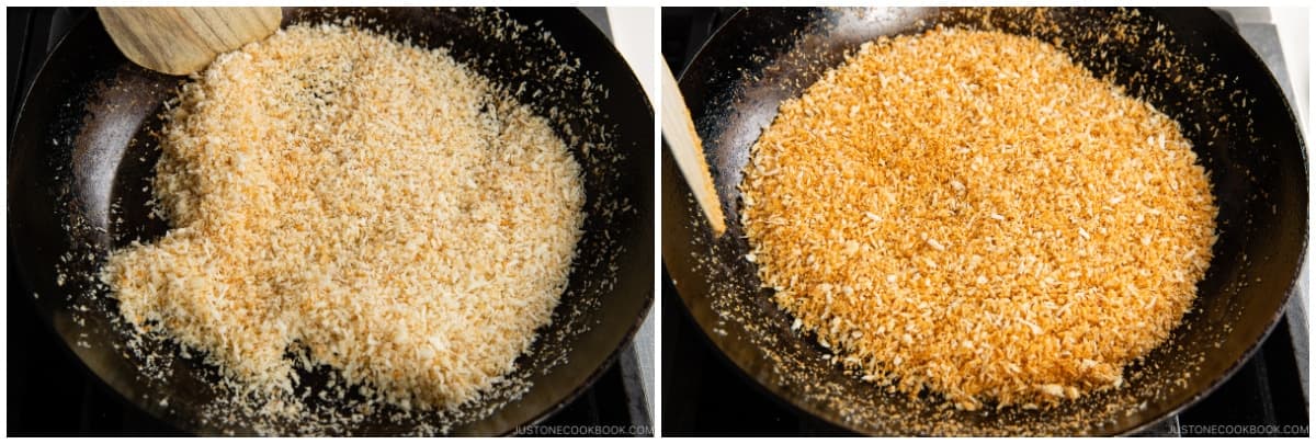 Toast the panko over medium heat, stirring frequently, until golden brown.