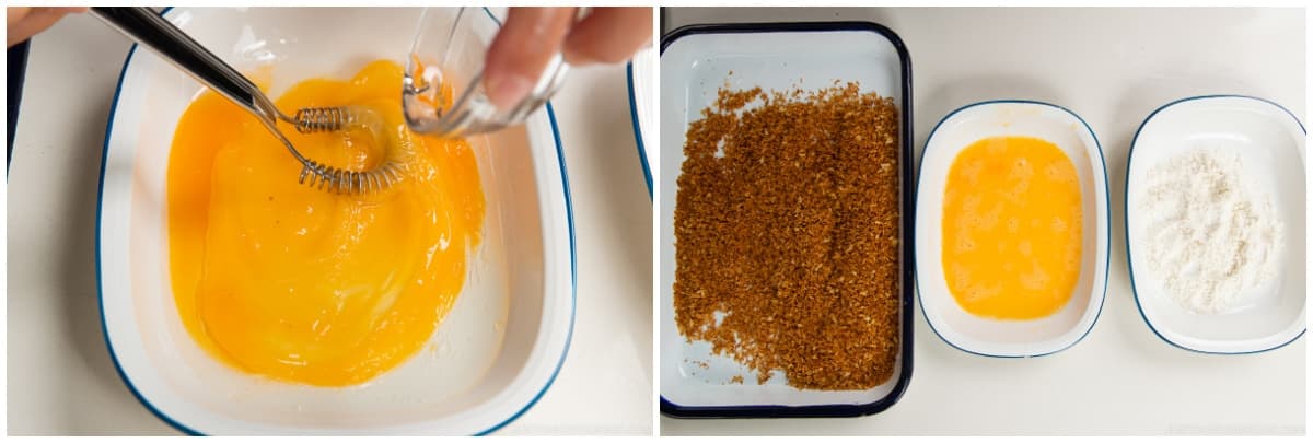 Set up the breading station. In a prep tray or shallow dish, whisk together 1 large egg (50 g each w/o shell) and ½ Tbsp neutral oil. In a second tray, place ¼ cup all-purpose flour (plain flour). Line up the toasted panko as the third tray. Tip: By adding oil to the egg, the breading won't detach from the meat while cooking. It will also help seal in the chicken's juices and flavor.