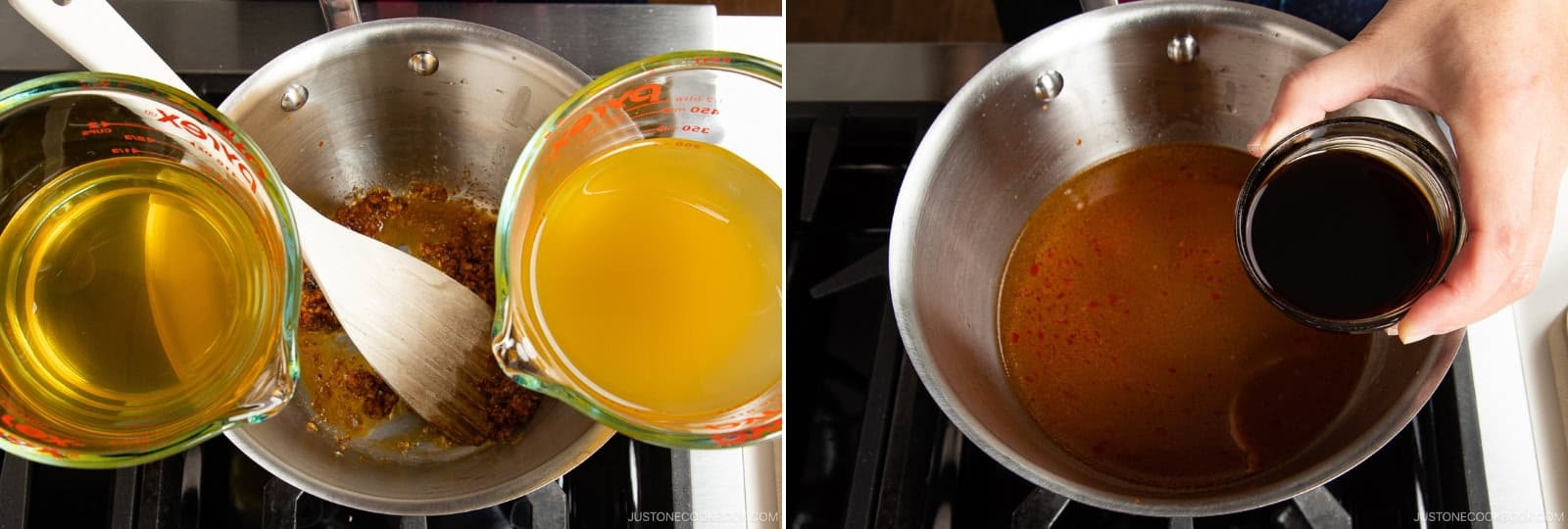 Add 1½ cups chicken stock/broth, 1½ cups dashi (Japanese soup stock), and 2½ Tbsp soy sauce and bring it to a boil.Once boiling, reduce the heat and simmer for a few minutes.