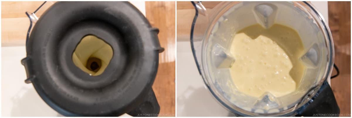 Put all the ingredients for the cake batter in a blender (I use my Vitamix): 1 lb cream cheese, ½ cup sugar, 3 large eggs (50 g each w/o shell), 1 Tbsp lemon juice, 2 Tbsp cake flour, 2 tsp cornstarch, ⅛ tsp Diamond Crystal kosher salt, and 1 cup heavy (whipping) cream. Blend until very smooth, about 2 minutes. Then, let this mixture rest for 15 minutes to let the air bubbles in the batter settle, or else the cake may crack.