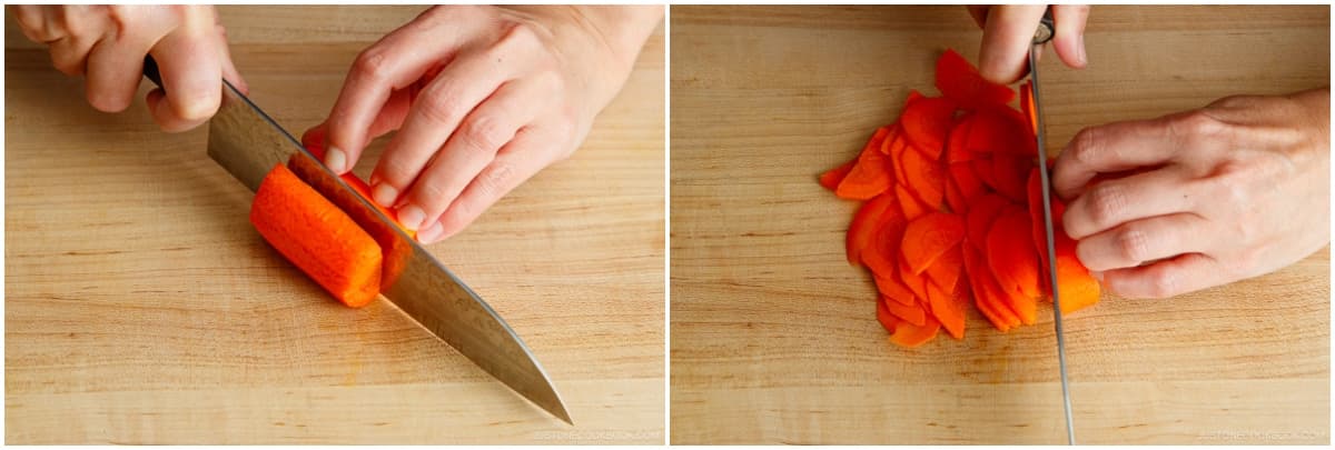 While the potatoes are cooking and cooling, prepare the other ingredients. Bring a small pot of water to a boil for cooking the carrots and corn (next step). Peel and cut 2 inches carrot in half or quarters lengthwise, and then cut crosswise into thin slices. You may use a mandoline slicer to cut it thinly.