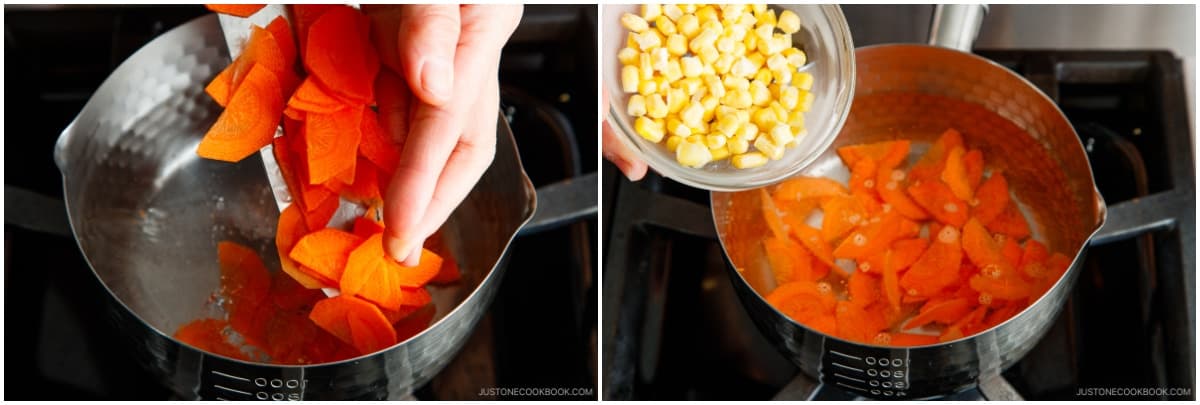 Once the water is boiling, cook the carrot slices and ¼ cup (40 g) frozen corn for 5 minutes. If you‘re using canned corn, you don‘t need to boil it.