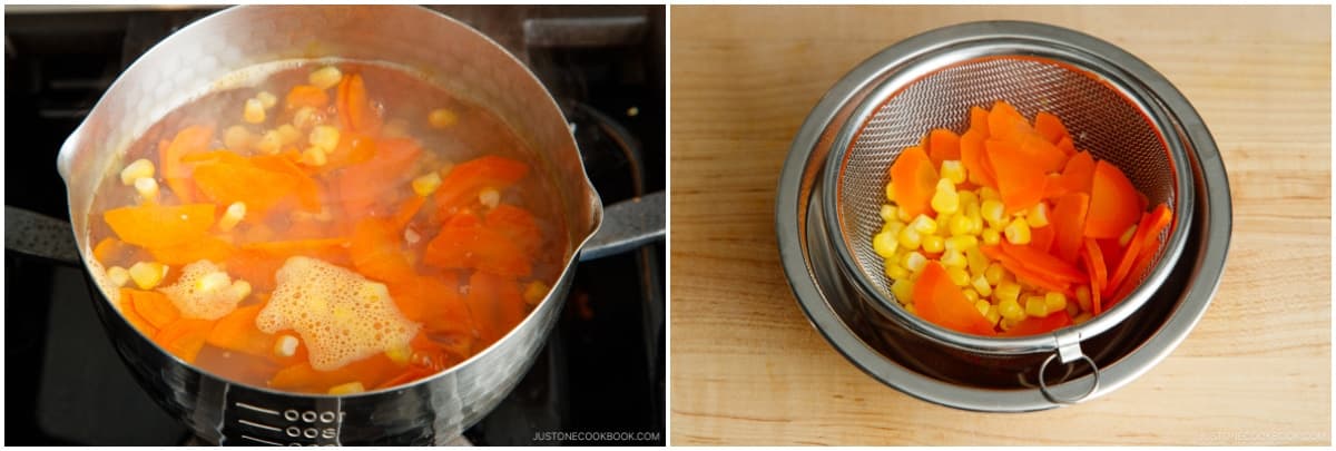 Alternatively, you can use the microwave to heat the carrot for a few minutes until a skewer pierces it smoothly; don’t overcook it or the carrot will get mushy. Drain the water in a fine-mesh sieve and set aside to cool.