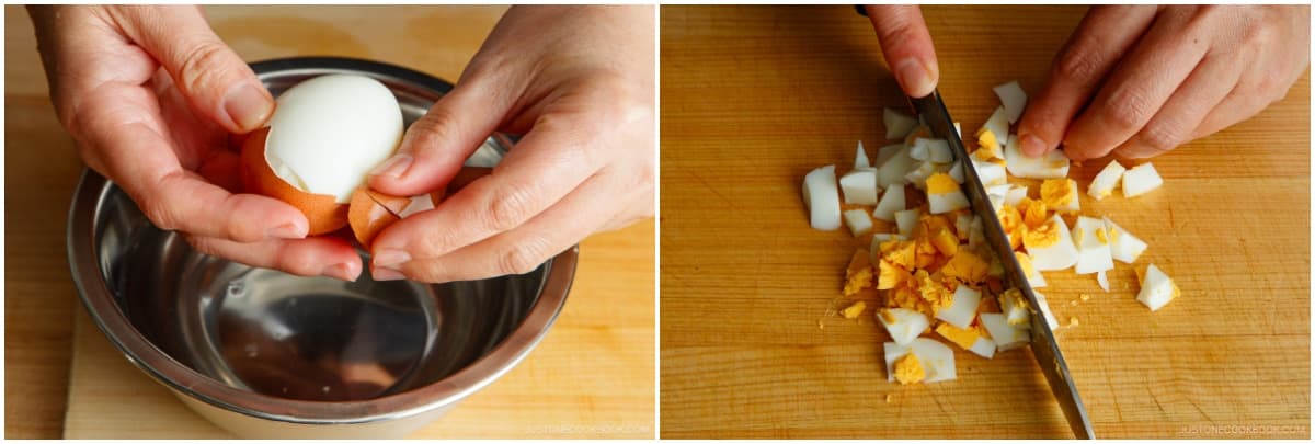 Peel the boiled egg and chop it into smaller pieces. Set aside.