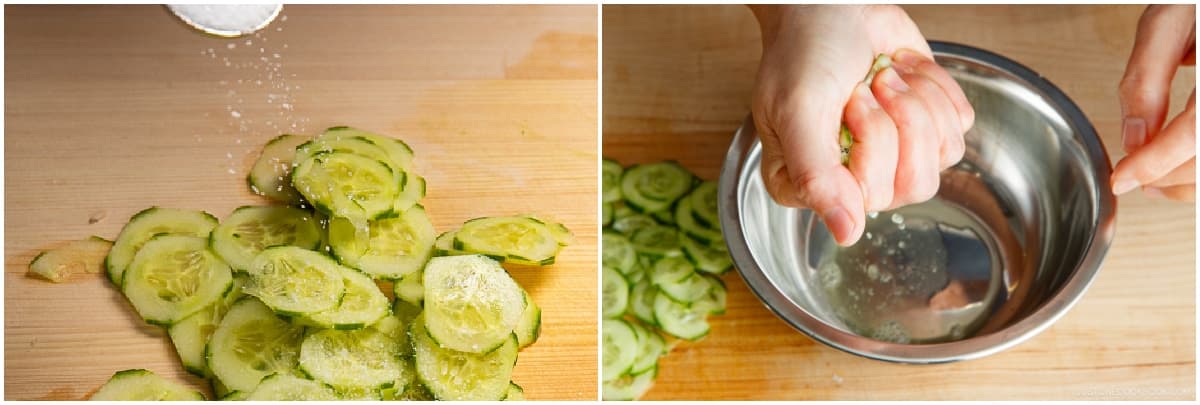 Sprinkle ½ tsp Diamond Crystal kosher salt over the cucumber slices, knead them with your hands, and let them stand until they release their moisture, about 5 minutes. Then, squeeze the cucumber to remove any moisture and set aside. Tip: Salt draws out moisture through osmosis. This keeps the cucumber from releasing moisture into the salad and diluting the flavors.