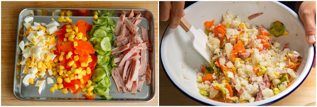 Add the vegetables, egg, and ham to the bowl of cooled potatoes and mix all together.