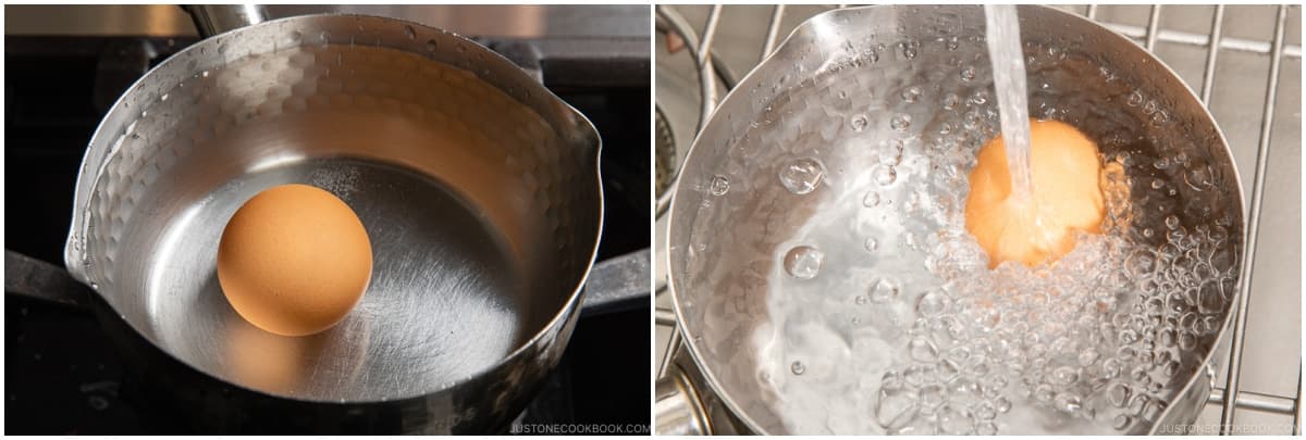 Add 1 large egg (50 g each w/o shell) to the same pot and add enough cold tap water to cover by 1 inch (2.5 cm). Turn on the heat to medium and bring to a boil. Once boiling, set a timer for 11–12 minutes and reduce the heat to maintain a gentle simmer. When the timer goes off, shock the egg in cold water until cool.